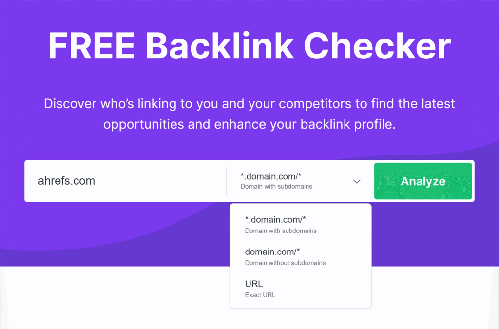 Ahrefs free backlink checker showing domain backlinks and referring domains in 2026